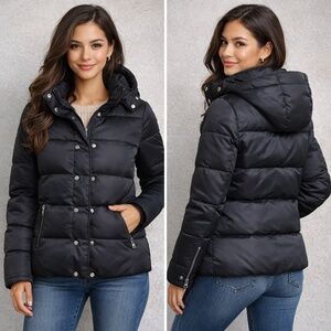 Joe Fresh Down Puffer Jacket Women's Small Hooded Snap Zip Black Winter Coat